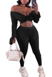 Black Fashion Casual Adult Polyester Solid V Neck Long Sleeve Regular Sleeve Regular Two Pieces