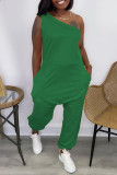 Red Casual Solid Backless One Shoulder Sleeveless Regular Jumpsuits