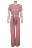 Pink Polyester Fashion Sexy Bandage Patchwork Solid Loose Short Sleeve Two-piece Pants Set
