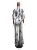 White Elastic Fly Mid Print Loose Pants Two-piece suit