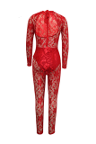 Red Sexy Solid Mesh O Neck Skinny Jumpsuits