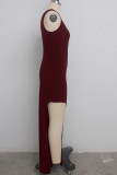 Wine Red Polyester Sexy One Shoulder Sleeveless one shoulder collar Step Skirt Floor-Length Solid Patchwork