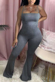 Grey Fashion Sexy Solid Cotton Sleeveless Slip Jumpsuits