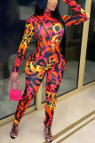 Red Sportswear Print Turtleneck Skinny Jumpsuits