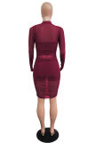 Blue Sexy Solid See-through Mesh Half A Turtleneck Pencil Skirt Dresses