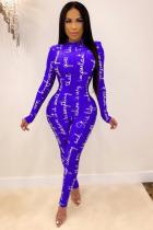 Blue Fashion letter Print Polyester Long Sleeve O Neck