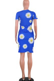Red Polyester Fashion Casual adult Ma'am Red Black Grey Blue Yellow Cap Sleeve Short Sleeves O neck Swagger Knee-Length Print Floral Dresses