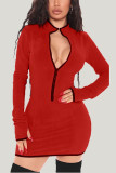 Pink Daily Solid Patchwork Zipper Collar Wrapped Skirt Dresses