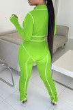 Fluorescent Green Casual Sportswear Solid Patchwork Zipper Collar Skinny Jumpsuits