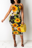 Black Sexy Print Frenulum Halter Pencil Skirt Dresses