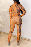 Orange Casual Print Zipper O Neck Regular Jumpsuits