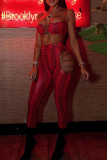 Red Fashion Sexy Print Hollowed Out Strap Design Spaghetti Strap Sleeveless Two Pieces