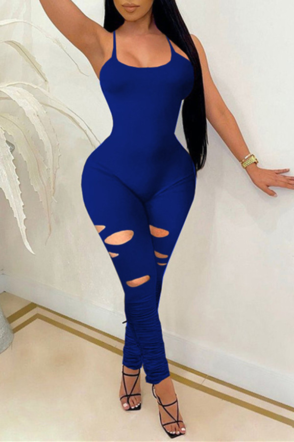 Blue Sexy Casual Solid Ripped Fold Spaghetti Strap Skinny Jumpsuits