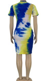 Pink Sexy Short Sleeves O neck Step Skirt Knee-Length Print Ombre Colouring Tie and dye Dresses