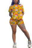 Yellow Fashion Casual Print Character Two Piece Suits pencil Short Sleeve Two Pieces
