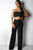 Black Polyester Fashion Sexy Patchwork Solid Lace Trim Casual Two-piece Pants Set