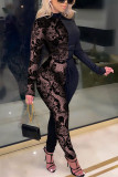 Black Sexy Print Solid Patchwork O Neck Regular Jumpsuits