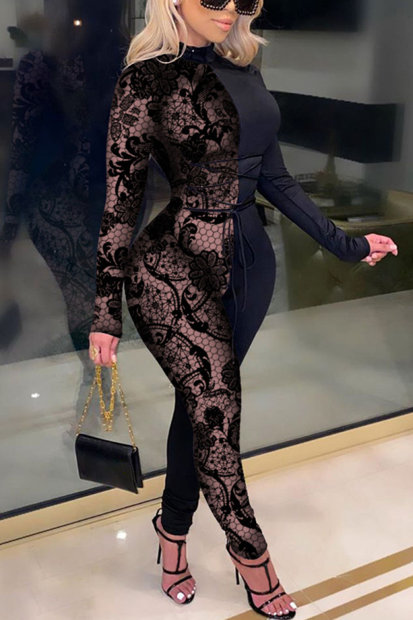 Black Sexy Print Solid Patchwork O Neck Regular Jumpsuits