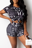 Black White Casual Print Patchwork O Neck Short Sleeve Two Pieces