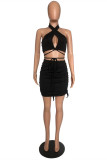 Black Sexy Solid Hollowed Out Backless Fold Strap Design Halter Sleeveless Two Pieces