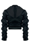 Black Casual Solid Split Joint Hooded Collar Tops