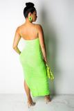 Fluorescent green Polyester Sexy Fashion Spaghetti Strap Sleeveless Slip Slim Dress Ankle-Length asymmetrical Draped S