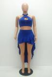 Blue Sexy Fashion Slim fit Two Piece Suits asymmetrical Solid crop top Regular Sleeveless Two-