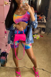 Multicolor Fashion Sexy Print Tie Dye Hollowed Out Strap Design U Neck Sleeveless Two Pieces