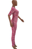 Pink Fashion Casual Print Polka Dot Polyester Half Sleeve O Neck Jumpsuits