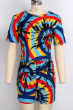 multicolor Polyester Fashion Sexy adult Ma'am Patchwork Print Two Piece Suits Straight Short Sleeve Two Pieces