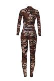 Camouflage Vintage Fashion Camouflage zipper Mesh Long Sleeve O Neck Jumpsuits