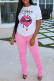 White Fashion Casual Print Basic O Neck T-Shirts