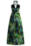 Blue Fashion Sexy Print Hollowed Out Backless Halter Sleeveless Dress
