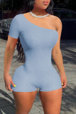 Dark Blue Sexy Casual Solid Backless Oblique Collar Skinny Romper