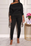 Black OL Solid Draped pencil Long Sleeve Two Pieces