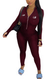Wine Red Fashion Sportswear Adult Letter Embroidered Letter O Neck Skinny Jumpsuits
