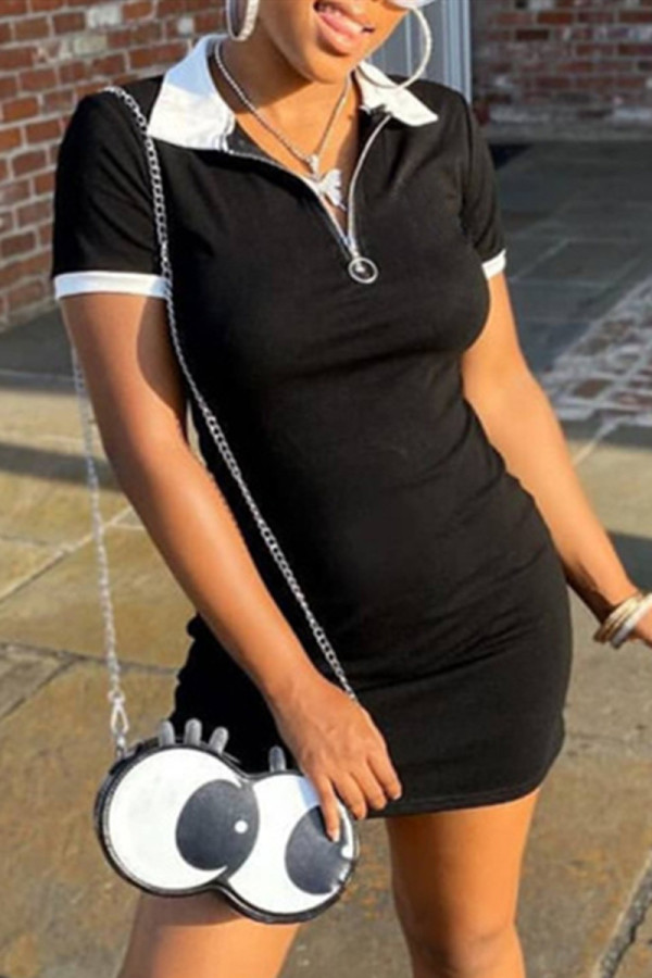 Black Sexy Casual Solid Basic Turndown Collar Short Sleeve Dress
