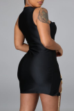 Black Sexy Solid Hollowed Out O Neck Pencil Skirt Dresses