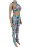 Blue Sexy Print Patchwork Sleeveless Two Pieces