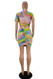 multicolor Fashion Casual adult Patchwork Print Tie Dye Two Piece Suits HOLLOWED OUT pencil Short Sleeve Two Pieces