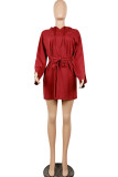 Red Street lantern sleeve Long Sleeves Hooded A-Line Knee-Length fastener Solid Casual Dresse