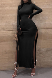 Grey Sexy Solid High Opening Slit Half A Turtleneck Pencil Skirt Dresses
