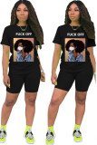 White Fashion Sexy adult Ma'am Letter Patchwork Print head portrait Two Piece Suits pencil Short Sleeve Two Pieces