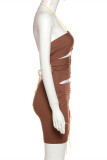 Brown Fashion Sexy Solid Hollowed Out Backless Halter Sling Dress