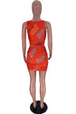 Red Letter Print Bandage Patchwork Spaghetti Strap Sleeveless Two Pieces