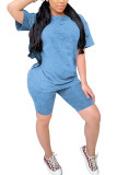 Blue Fashion Casual Solid Two Piece Suits Straight Short Sleeve Two Pieces