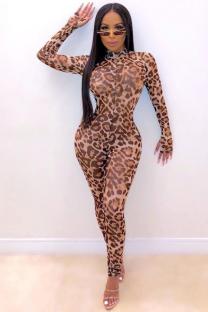 multicolor Casual Fashion Print Leopard grain perspective Mesh Polyester Long Sleeve O Neck