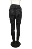 Black Fashion Casual Solid Fold Regular Mid Waist Trousers