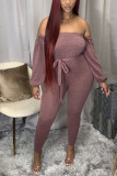 Wine Red Fashion Sexy Solid Frenulum Pants With Belt Bateau Neck Skinny Jumpsuits
