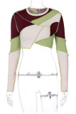 Green Street Patchwork Patchwork O Neck Mid Waist Tops
